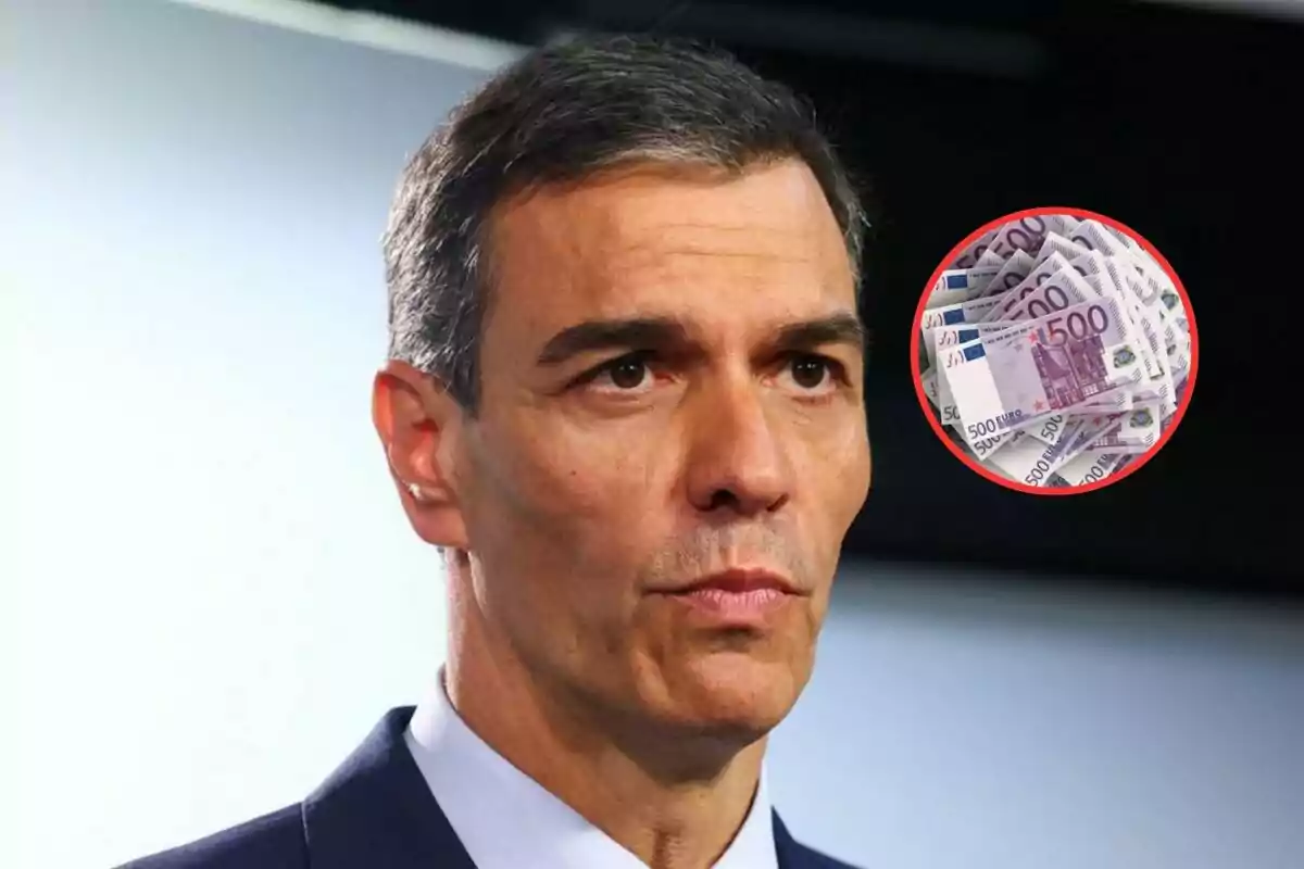 Hombre de cabello corto y canoso con expresión seria y un círculo con billetes de 500 euros en la esquina superior derecha