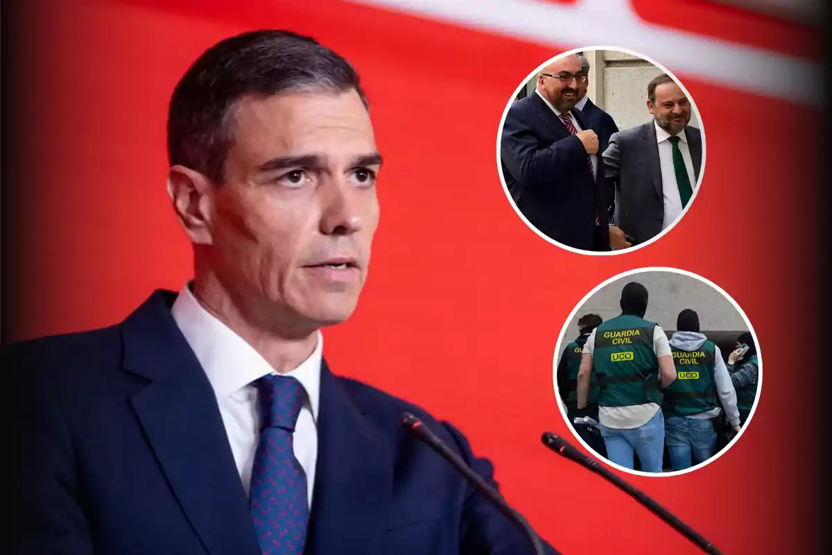 Hombre de traje hablando frente a un micrófono con fondo rojo y dos recuadros circulares mostrando a dos hombres conversando y a varios agentes de la Guardia Civil