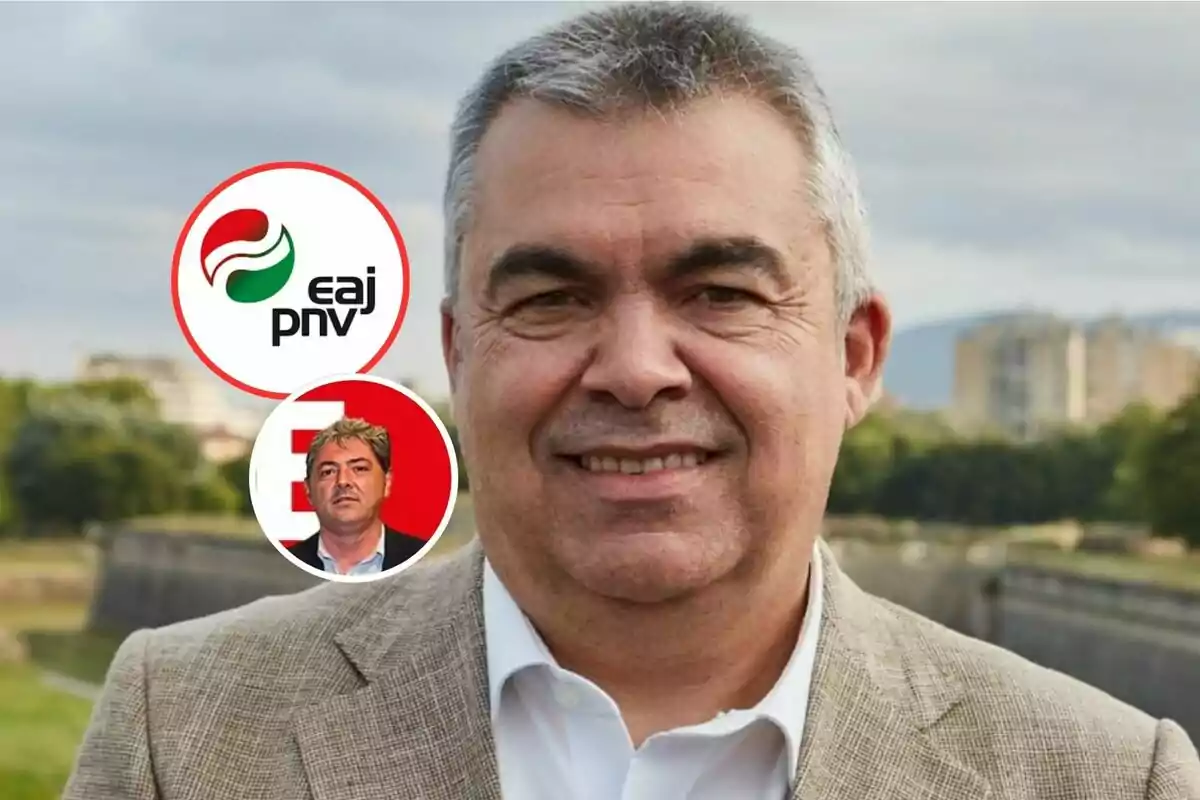 Hombre de cabello canoso con saco claro sonriendo al aire libre con dos círculos superpuestos a la izquierda que muestran un logotipo de partido político y el retrato de otra persona