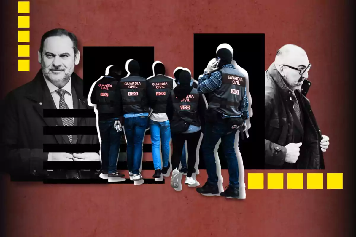 Montaje con varios agentes de la Guardia Civil de espaldas en el centro, un hombre de traje a la izquierda y otro hombre calvo con gafas a la derecha, sobre un fondo rojo con cuadros amarillos y elementos gráficos negros