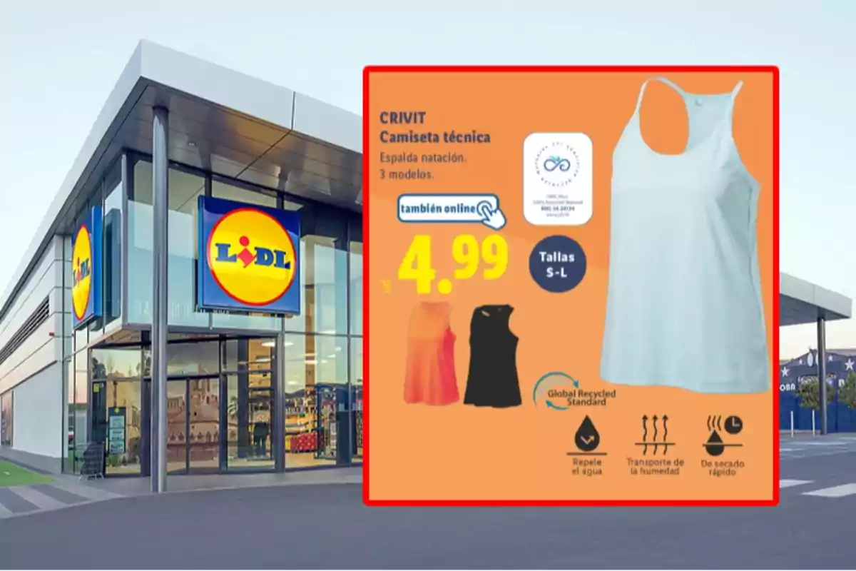 Fachada de una tienda Lidl con un anuncio de camiseta técnica Crivit para mujer en colores blanco, negro y naranja, precio de 4,99 euros, disponible en tallas S a L y con características de secado rápido, transporte de humedad y repelente al agua Fachada de una tienda Lidl con un anuncio de camiseta técnica Crivit para mujer en colores blanco, negro y naranja, precio de 4,99 euros, disponible en tallas S a L y con características de secado rápido, transporte de humedad y repelente al agua