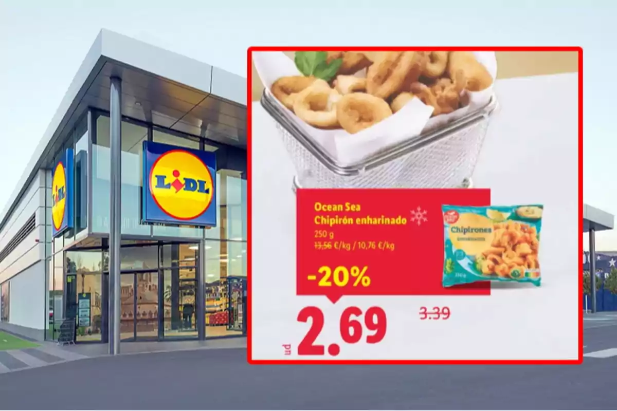 Fachada de supermercado Lidl con un cartel promocional de chipirones empanizados en oferta Fachada de supermercado Lidl con un cartel promocional de chipirones empanizados en oferta
