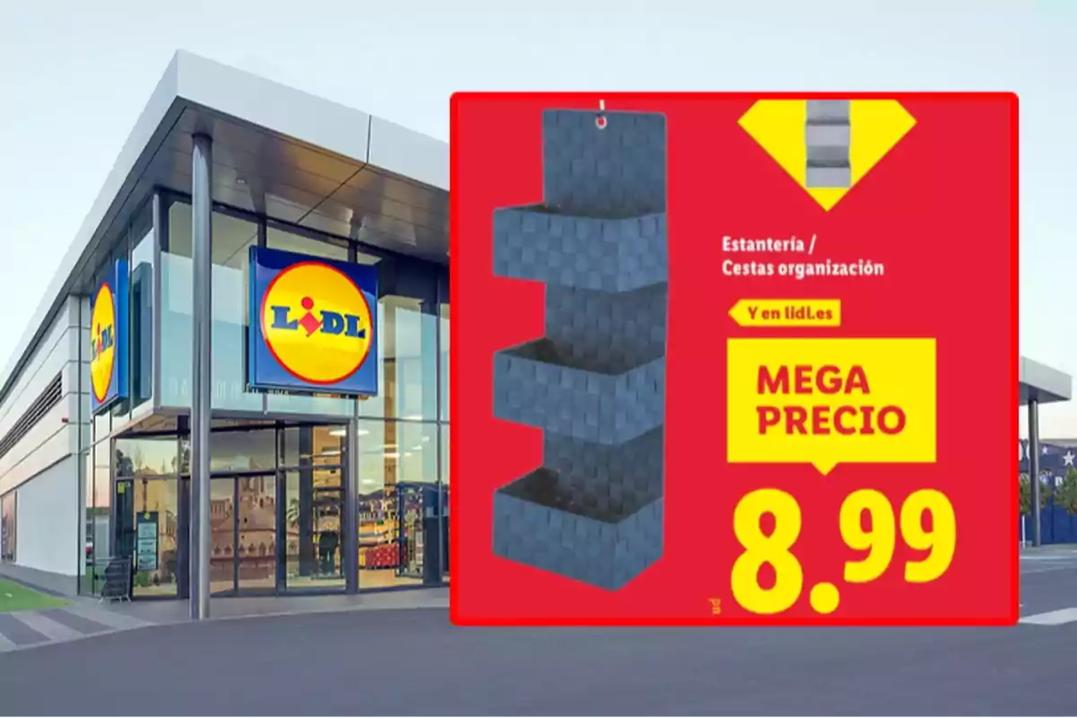 Fachada de una tienda Lidl con un anuncio de estantería de cestas de organización en oferta a 8.99 euros Fachada de una tienda Lidl con un anuncio de estantería de cestas de organización en oferta a 8.99 euros