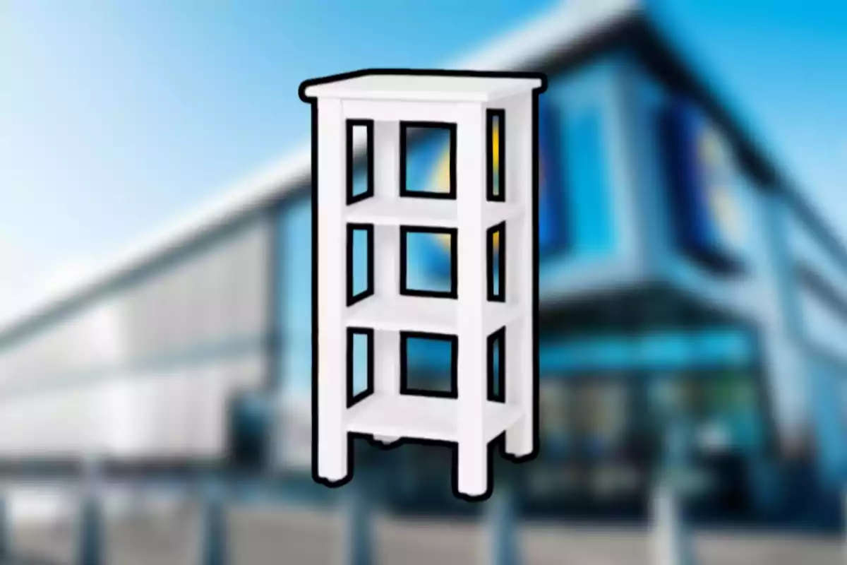 Estante blanco de tres niveles con fondo de edificio desenfocado Estante blanco de tres niveles con fondo de edificio desenfocado