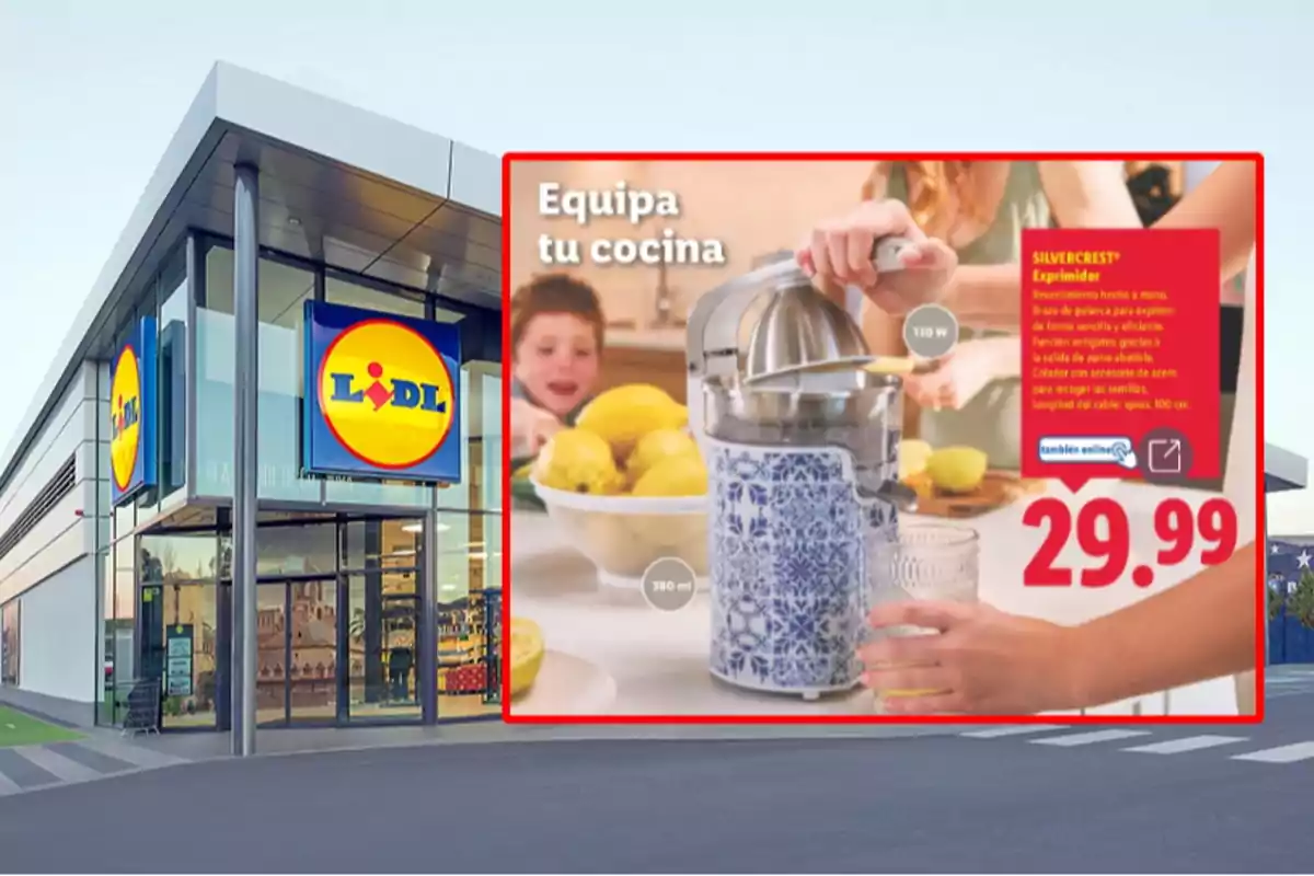 Fachada de una tienda Lidl con un anuncio de exprimidor eléctrico decorado con motivos azules y blancos, acompañado de limones y un precio de 29.99 euros Fachada de una tienda Lidl con un anuncio de exprimidor eléctrico decorado con motivos azules y blancos, acompañado de limones y un precio de 29.99 euros