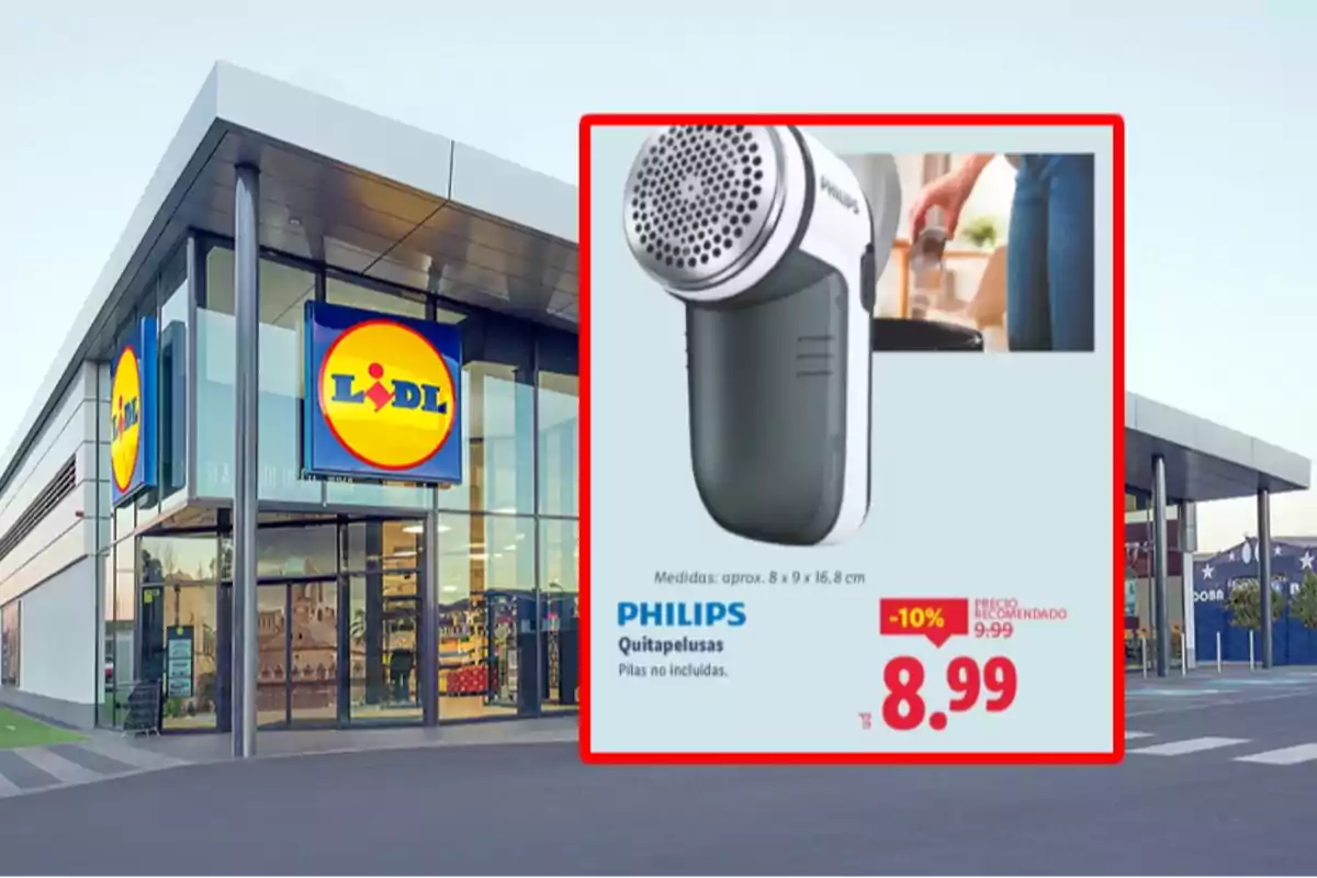 Fachada de una tienda Lidl con un anuncio de un quitapelusas Philips en oferta a 8.99 euros Fachada de una tienda Lidl con un anuncio de un quitapelusas Philips en oferta a 8.99 euros