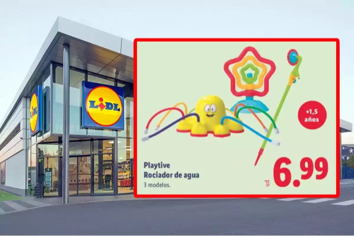 Fachada de una tienda Lidl con un anuncio de juguetes rociadores de agua para niños a un precio de 6,99 euros Fachada de una tienda Lidl con un anuncio de juguetes rociadores de agua para niños a un precio de 6,99 euros