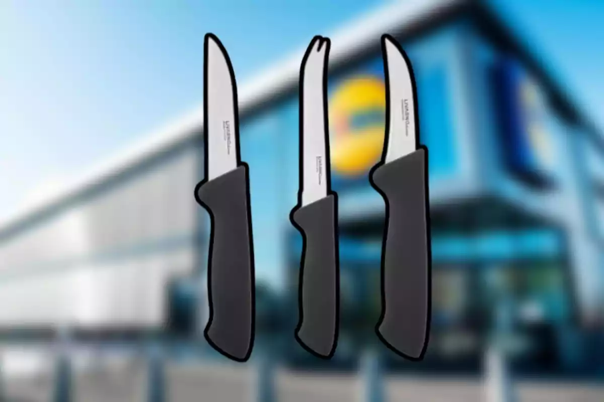 Tres cuchillos de cocina con mango negro sobre un fondo desenfocado de un supermercado Tres cuchillos de cocina con mango negro sobre un fondo desenfocado de un supermercado
