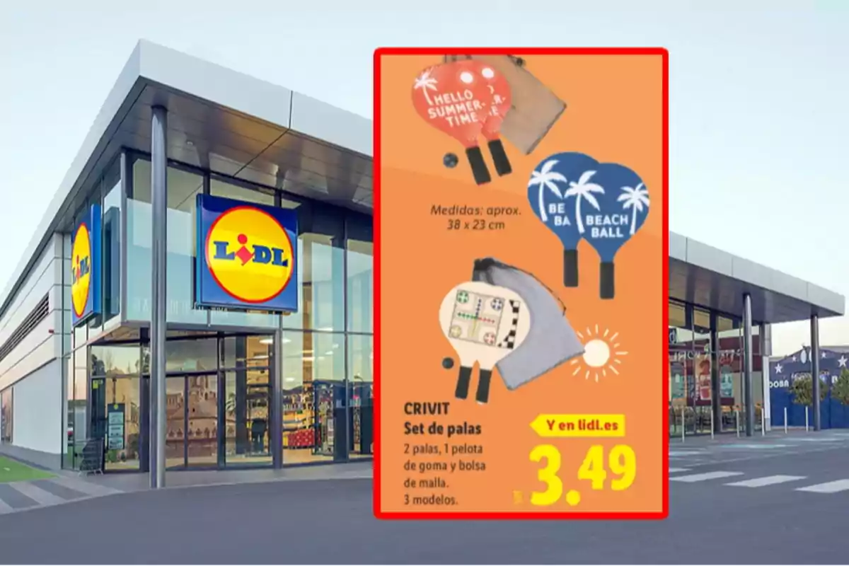 Fachada de una tienda Lidl con un cartel promocional de sets de palas de playa Crivit en tres modelos diferentes a un precio de 3,49 euros Fachada de una tienda Lidl con un cartel promocional de sets de palas de playa Crivit en tres modelos diferentes a un precio de 3,49 euros