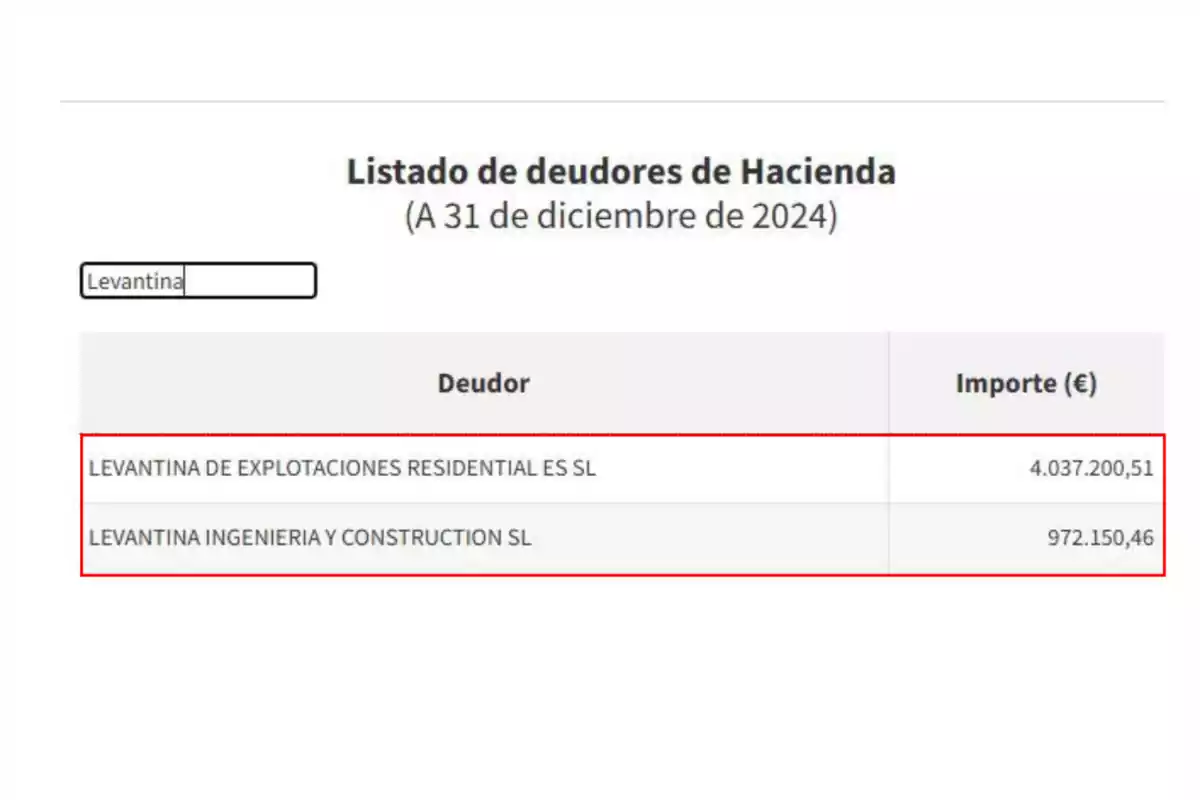 Pantalla con el listado de deudores de Hacienda a 31 de diciembre de 2024 donde aparecen dos empresas con el nombre Levantina y los importes de sus deudas en euros Pantalla con el listado de deudores de Hacienda a 31 de diciembre de 2024 donde aparecen dos empresas con el nombre Levantina y los importes de sus deudas en euros