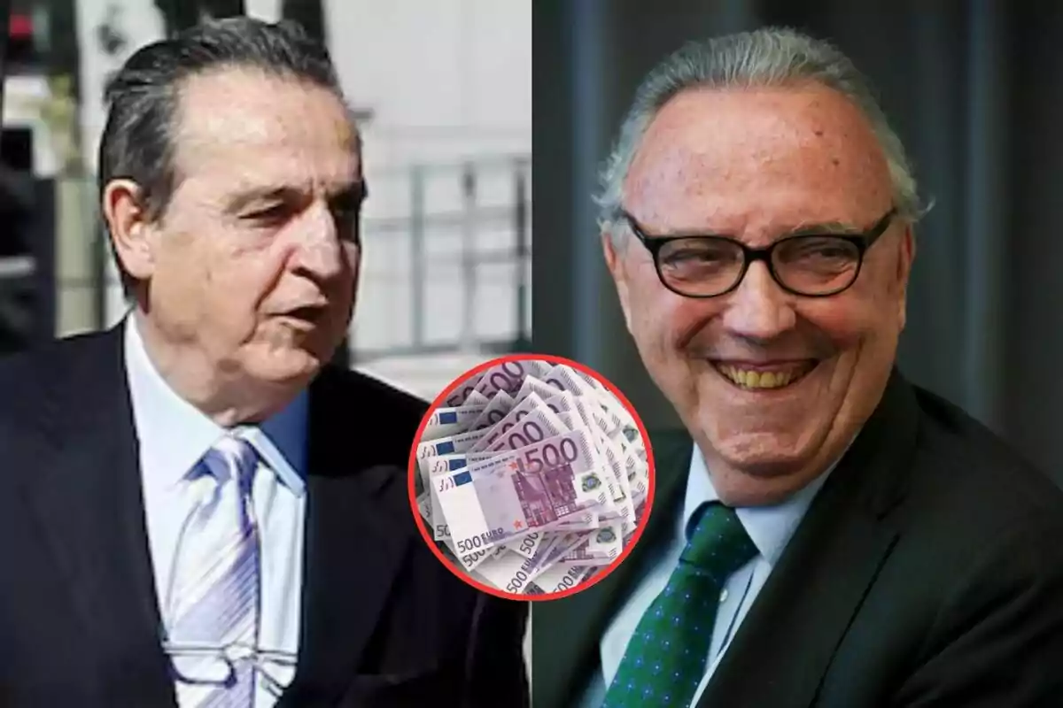 Dos hombres mayores vestidos de traje aparecen uno al lado del otro, con una imagen de billetes de 500 euros en el centro.