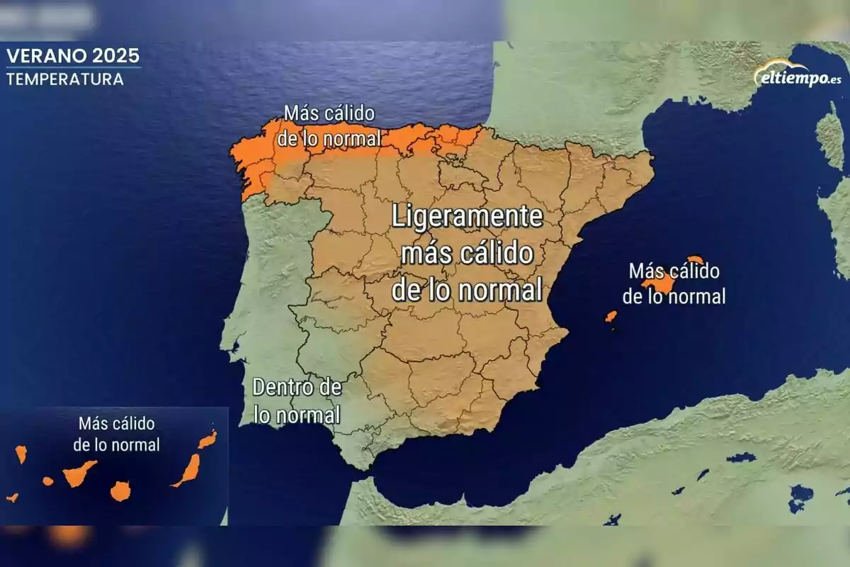 Mapa de España que muestra cómo serán las temperaturas este verano de 2025, destacando las zonas en las que serán algo más altas de lo habitual. Mapa de España que muestra cómo serán las temperaturas este verano de 2025, destacando las zonas en las que serán algo más altas de lo habitual.