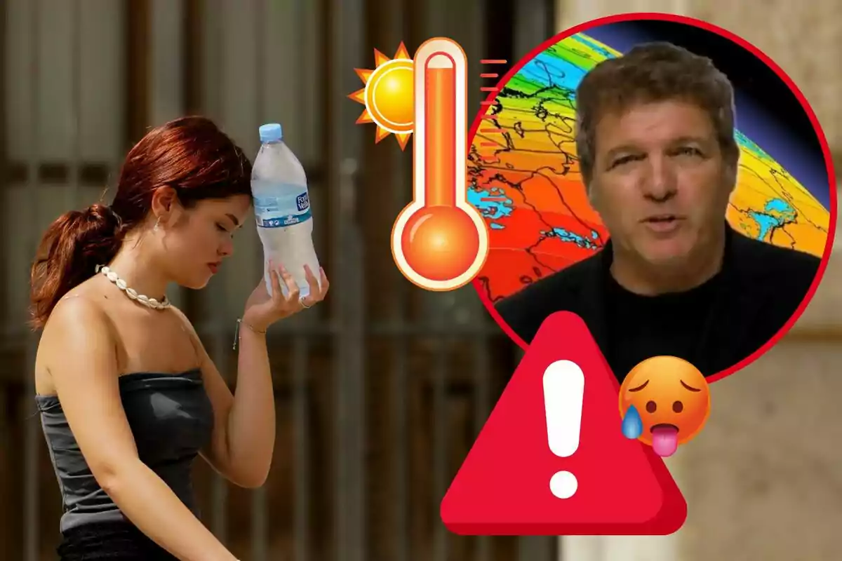 Una joven se refresca con una botella de agua fría en la cabeza mientras aparecen gráficos de calor extremo, un termómetro, un mapa de temperaturas y un símbolo de advertencia.
