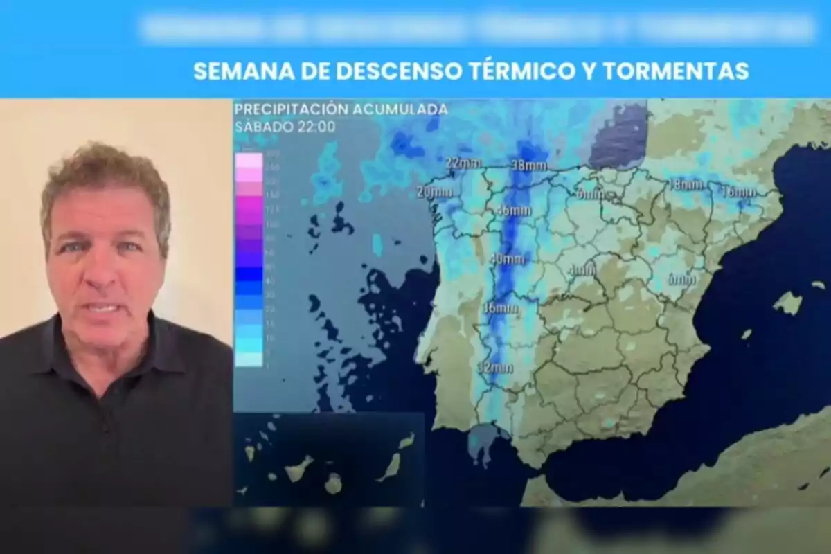 Mario Picazo presenta el pronóstico del tiempo junto a un mapa de España que muestra acumulación de precipitaciones y una franja azul indicando lluvias intensas en el centro del país bajo el título semana de descenso térmico y tormentas. Mario Picazo presenta el pronóstico del tiempo junto a un mapa de España que muestra acumulación de precipitaciones y una franja azul indicando lluvias intensas en el centro del país bajo el título semana de descenso térmico y tormentas.