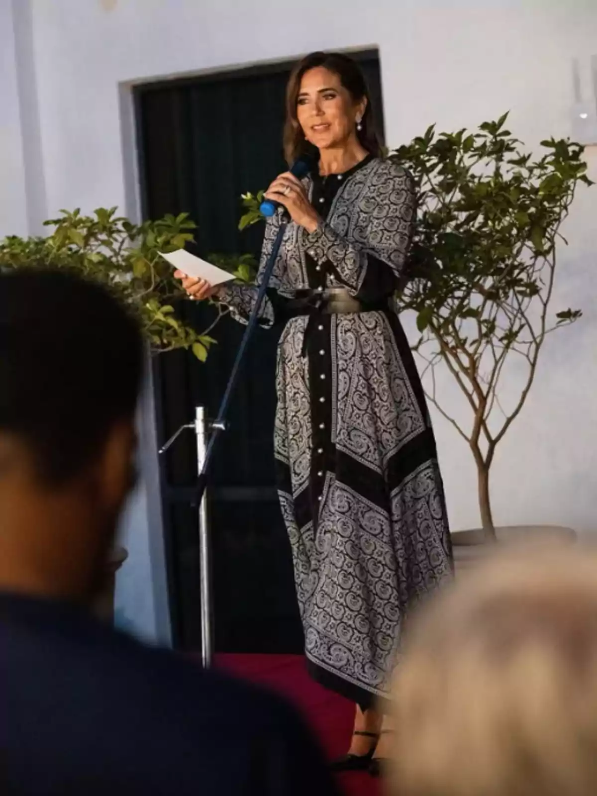 Mujer de pie sobre una tarima hablando por micrófono y sosteniendo una hoja mientras usa un vestido largo estampado en blanco y negro con cinturón negro Mujer de pie sobre una tarima hablando por micrófono y sosteniendo una hoja mientras usa un vestido largo estampado en blanco y negro con cinturón negro