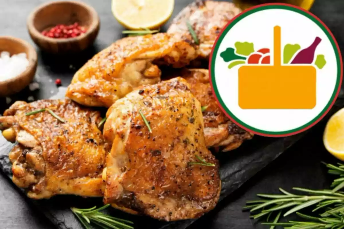 Muslos de pollo asados con hierbas y rodajas de limón junto a un logotipo de canasta de alimentos