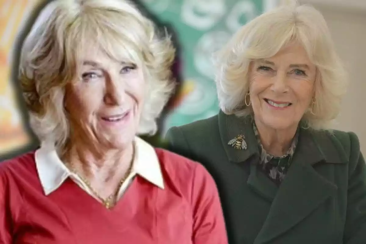 Annabel Elliot y la reina Camila sonríen, una lleva un suéter rojo con camisa blanca y la otra un saco verde con un broche de abeja.