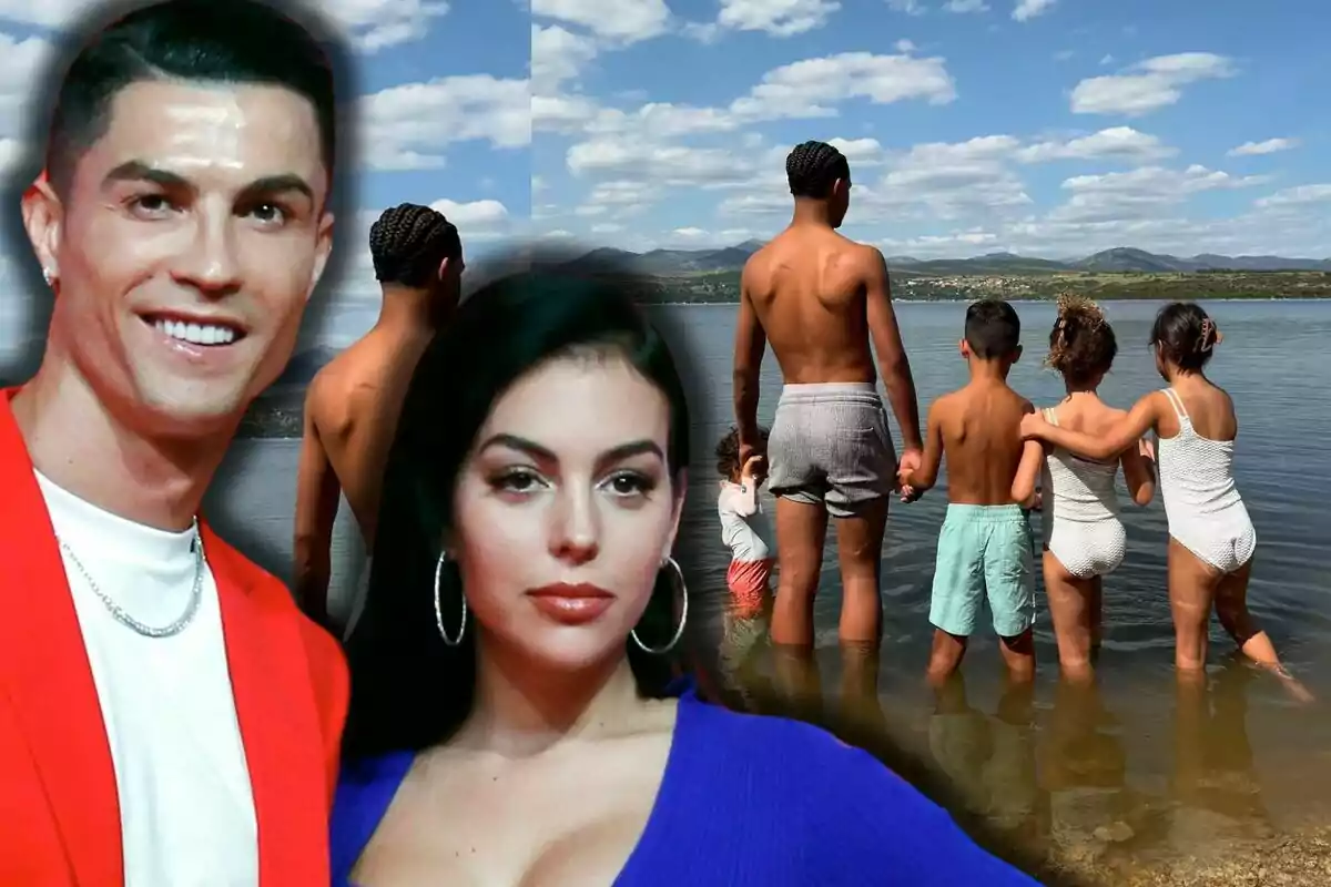 Cristiano Ronaldo and Georgina Rodríguez in the foreground with children in the background enjoying themselves on the shore of a lake under a blue sky with clouds.
