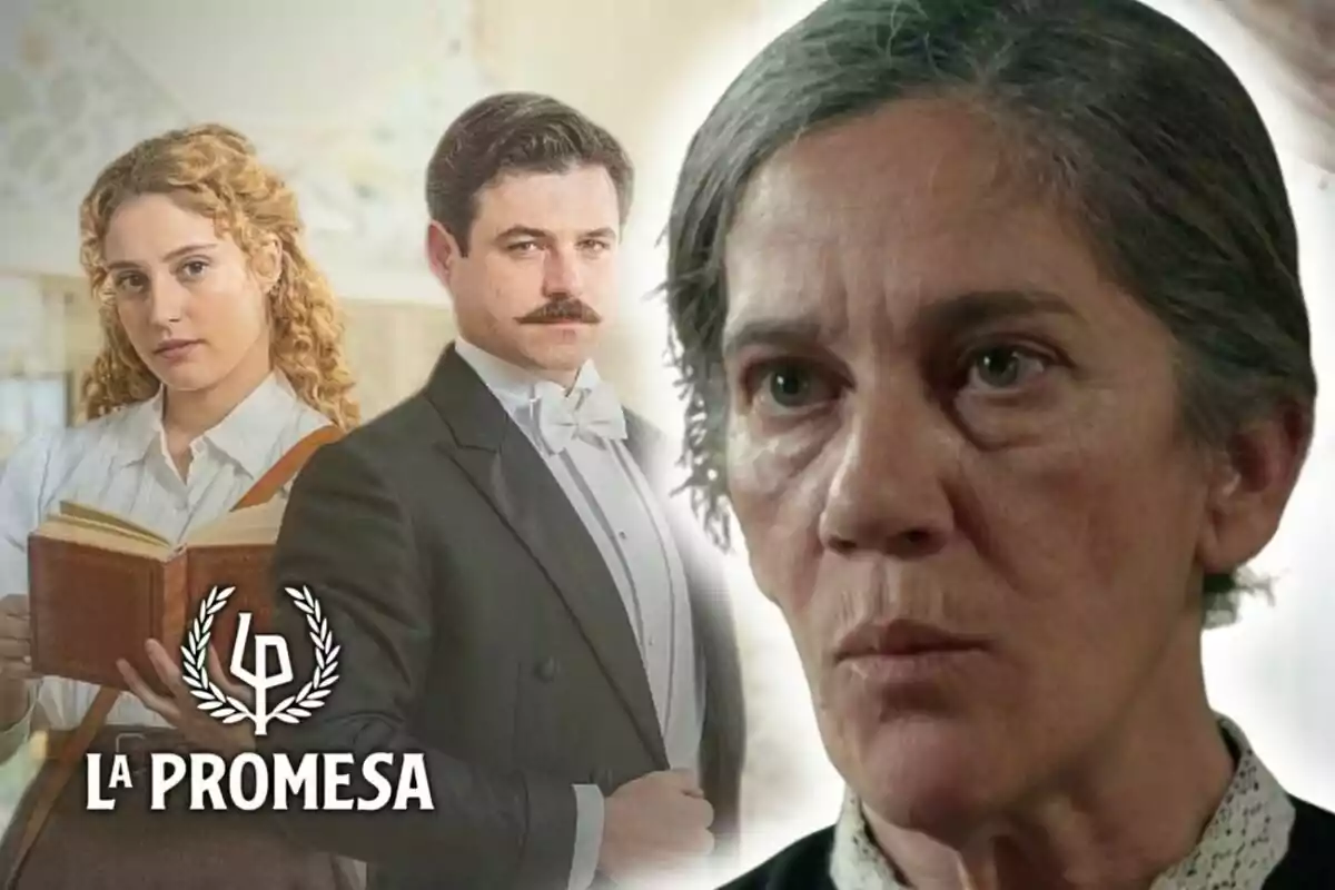 Tres personajes de la serie La Promesa aparecen en la imagen, dos de ellos al fondo con vestimenta de época y una mujer mayor en primer plano con expresión seria, la cual es la actriz Marga Martínez.