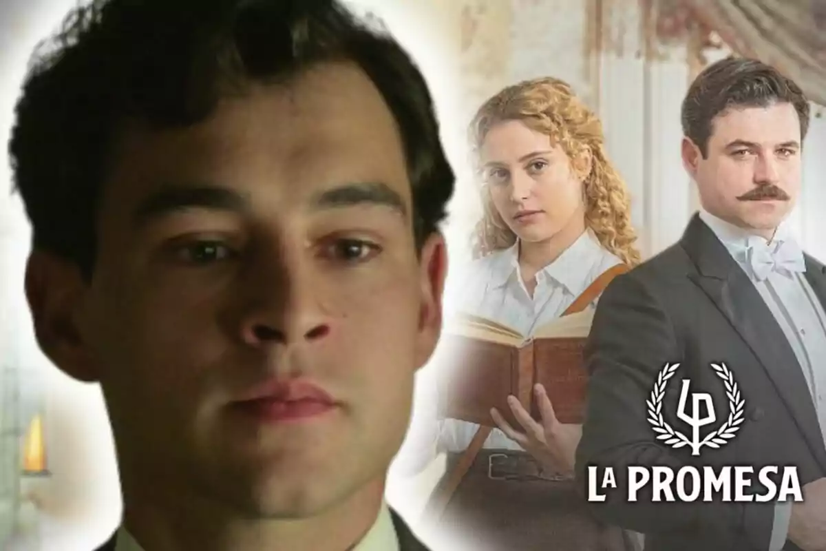 Primer plano de Álvaro Quintana con expresión seria y al fondo una mujer con un libro y un hombre con bigote vestidos de época junto al logo de 'La Promesa'.