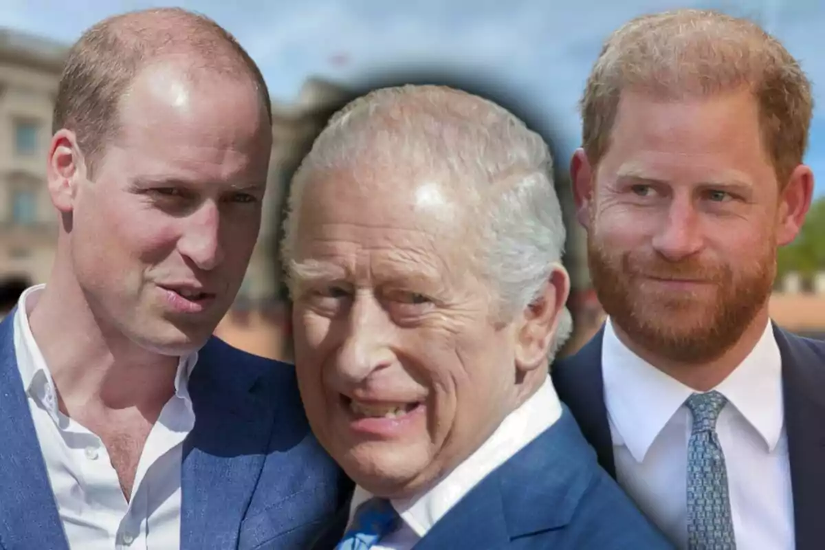 Close-up photo montage of Charles III, Prince Harry, and Prince William.
