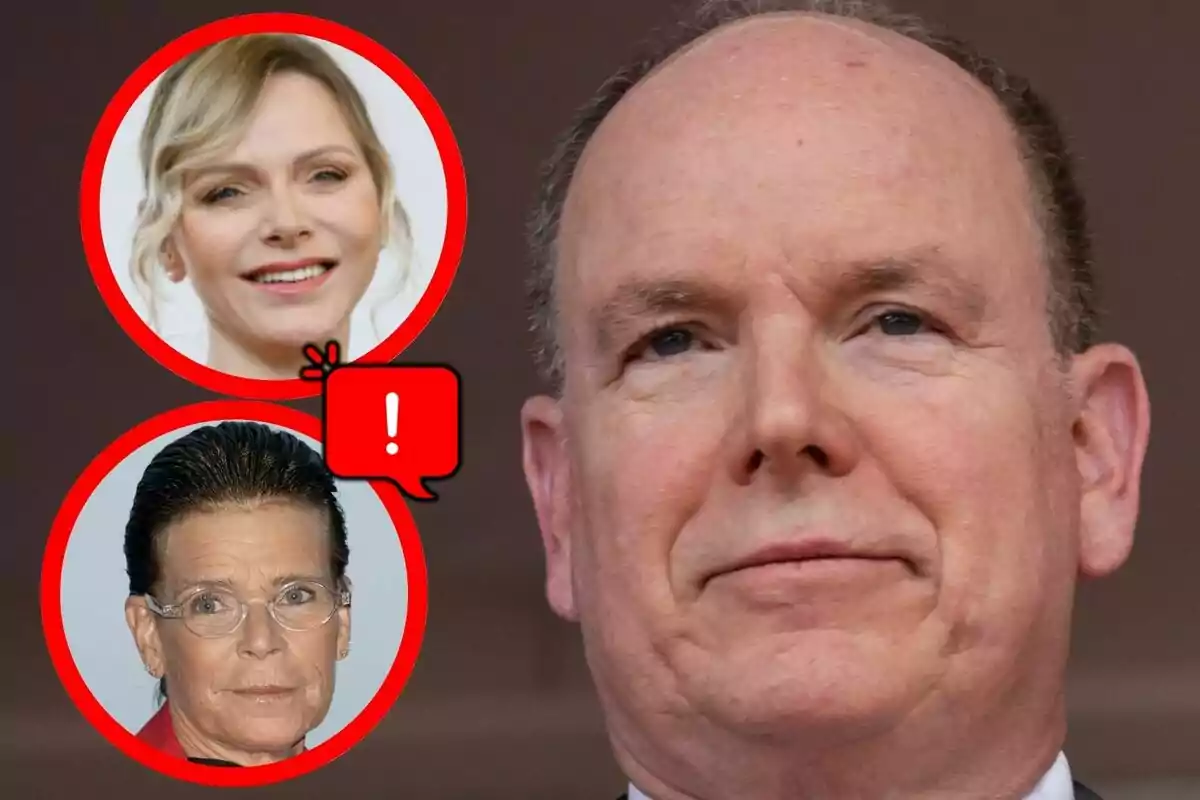 Close-up of Albert of Monaco with a serious expression and two portraits of women framed in red circles on the left, one above—Charlene of Monaco—and one below—Stéphanie of Monaco—with a red speech bubble containing an exclamation mark between them.