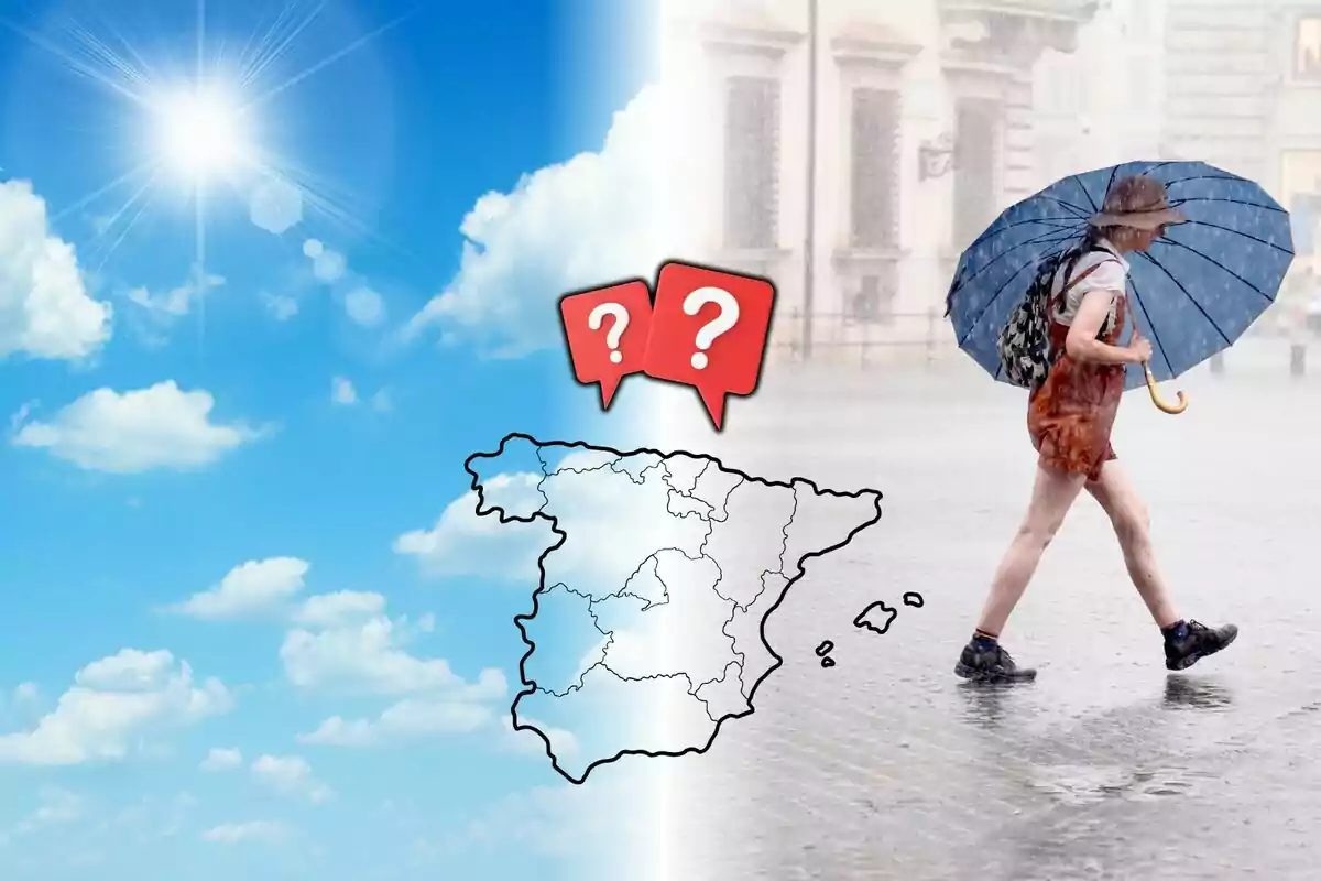 Mitad de la imagen muestra un cielo soleado y la otra mitad una persona caminando bajo la lluvia con paraguas, en el centro hay un mapa de España y dos signos de interrogación.