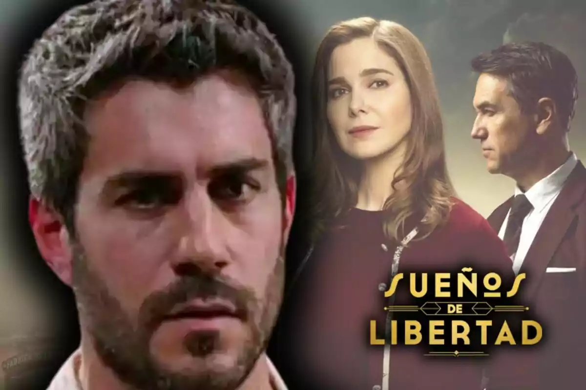 Primer plano de Dani Tatay con expresión seria y al fondo una mujer y un hombre junto al título 'Sueños de Libertad'.