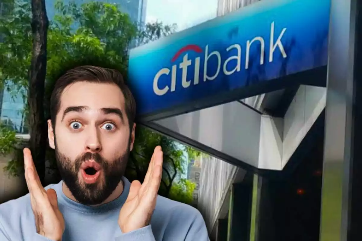 Hombre con expresión de sorpresa frente a una sucursal de Citibank. Hombre con expresión de sorpresa frente a una sucursal de Citibank.