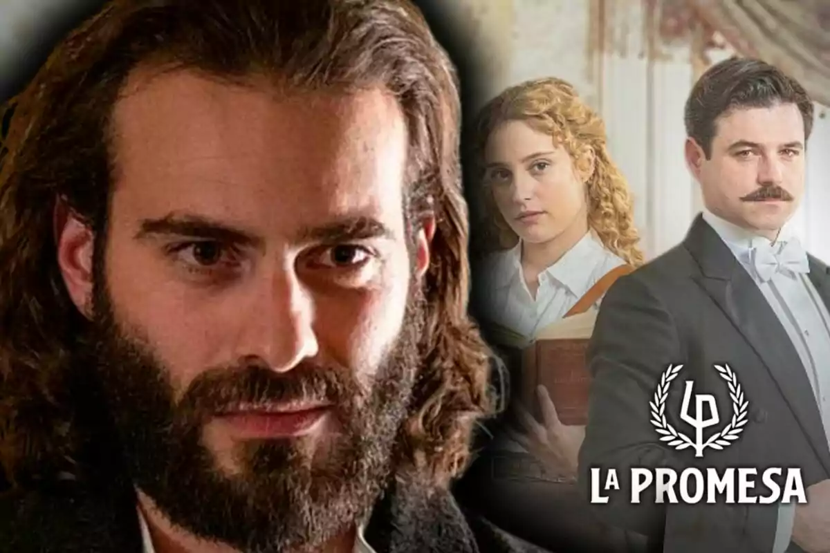 Tres personajes de la serie 'La Promesa' aparecen en la imagen, uno de ellos es Adriano en primer plano con barba y cabello largo, mientras que al fondo se ven una mujer con un libro y un hombre con bigote y esmoquin, junto al logo de la serie.