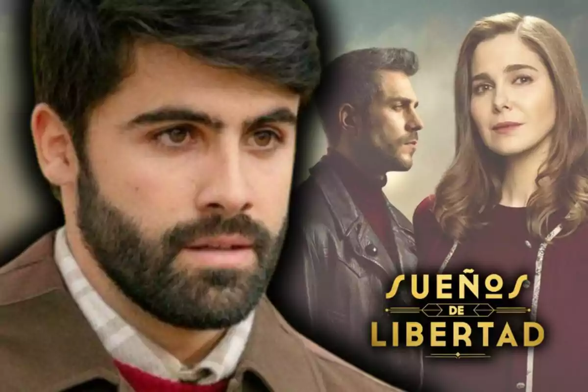 Primer plano de Javier Gutiérrez junto a un cartel promocional de la serie 'Sueños de Libertad' donde aparecen dos personajes más y el título en letras doradas.