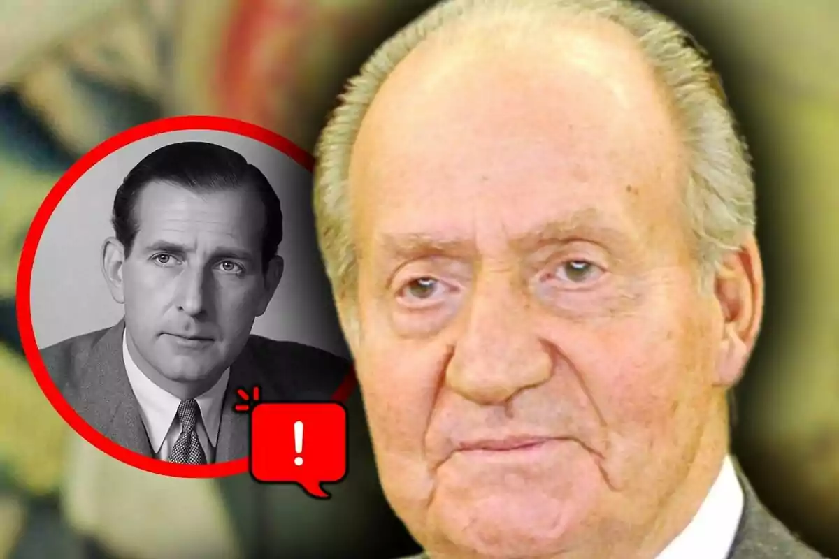Close-up of Juan Carlos I with a serious expression, and in the top left corner, a red box shows a black-and-white photo of his father, Juan de Borbón, with an exclamation icon.