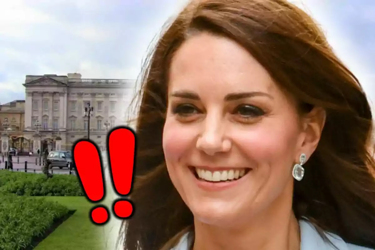 Kate Middleton smiling in the foreground with a historic building in the background and two large red exclamation marks on the left.