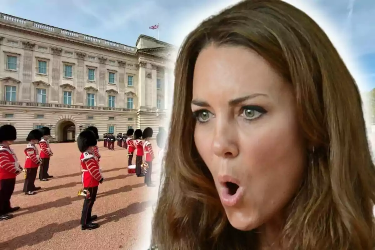 Kate Middleton con expresión de sorpresa aparece en primer plano junto a una imagen del Palacio de Buckingham y guardias reales formados.