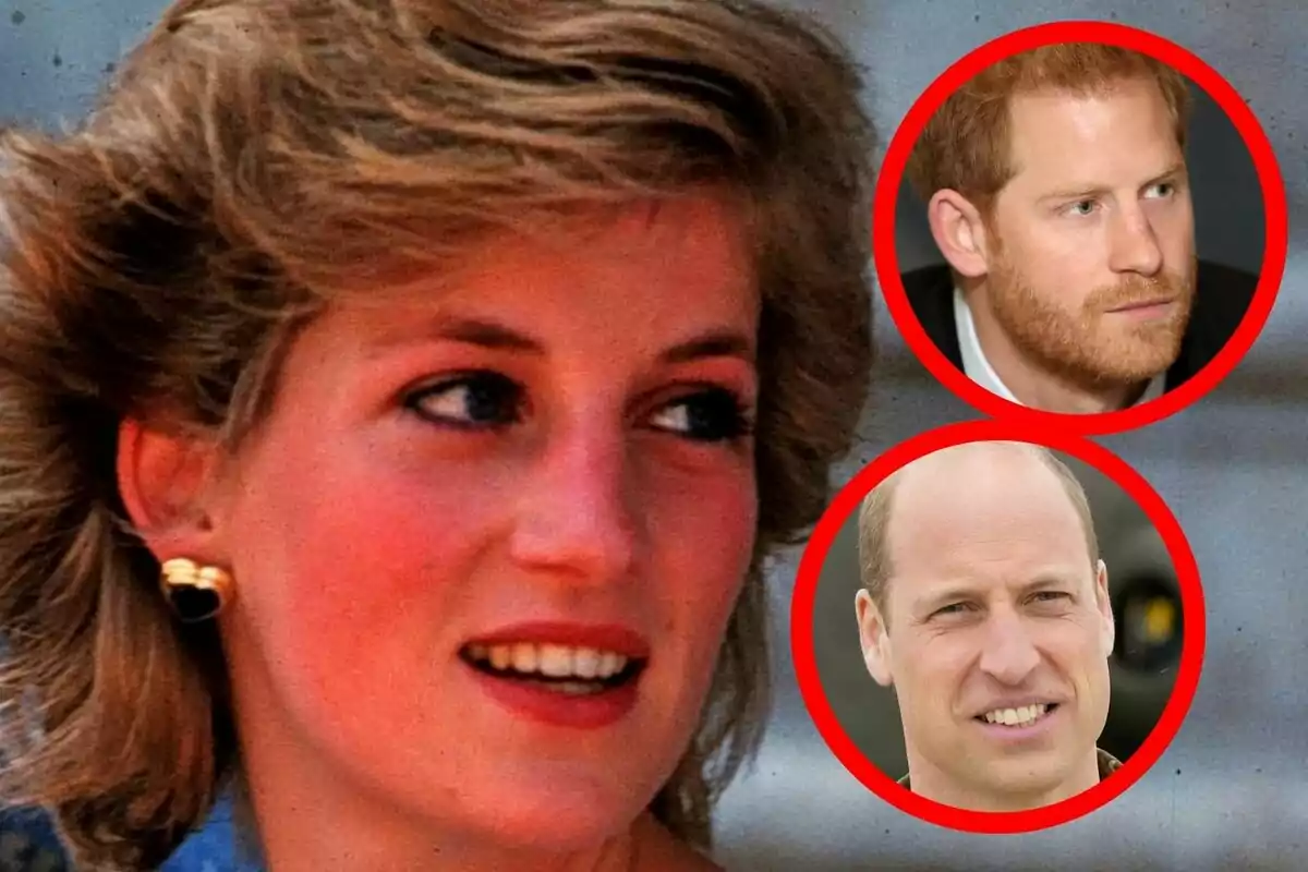 Montaje de fotos de primer plano de Lady Di, el príncipe Harry y el príncipe Guillermo.
