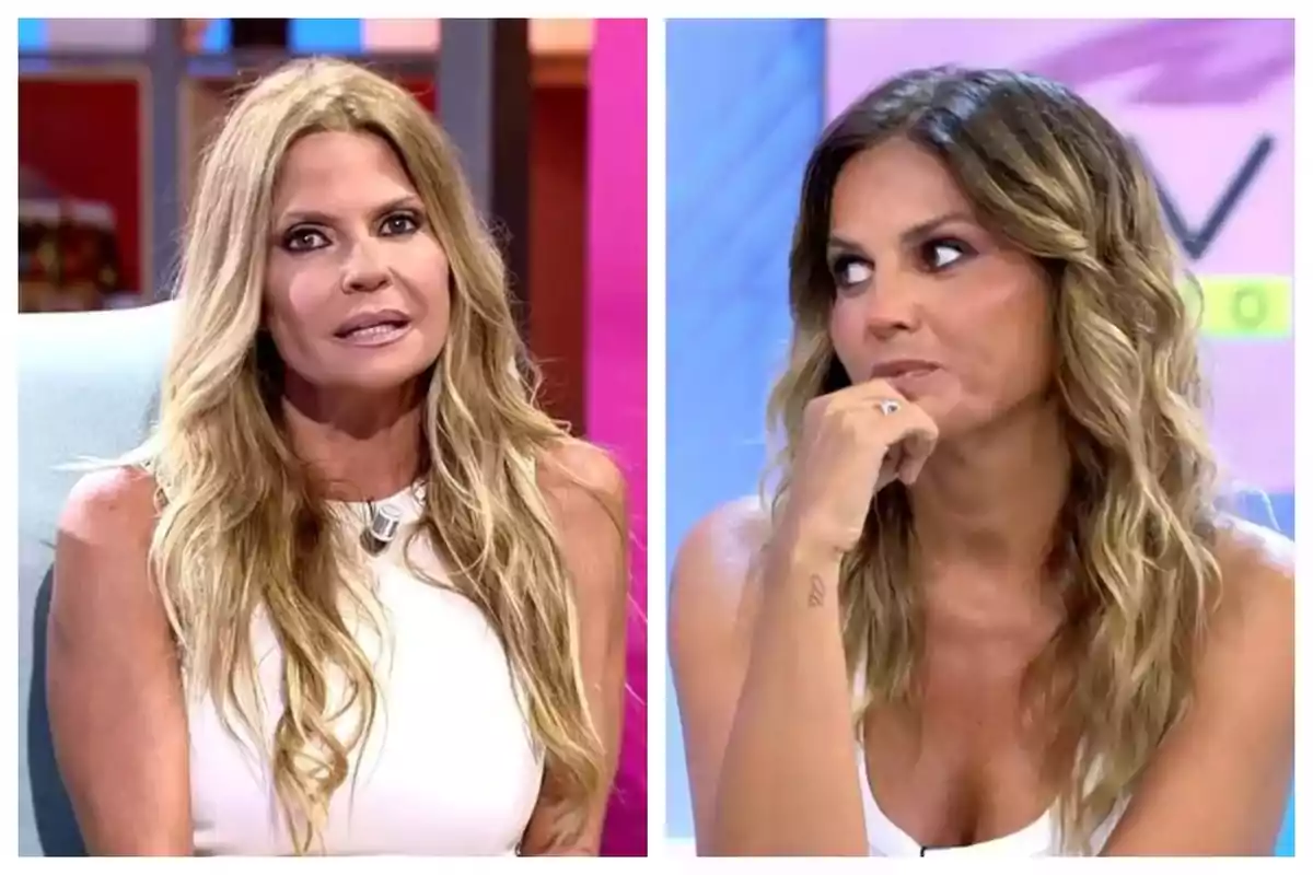 Montaje de fotos de plano medio de Makoke y Marta López, ambas sentadas en un plato de Mediaset. Montaje de fotos de plano medio de Makoke y Marta López, ambas sentadas en un plato de Mediaset.