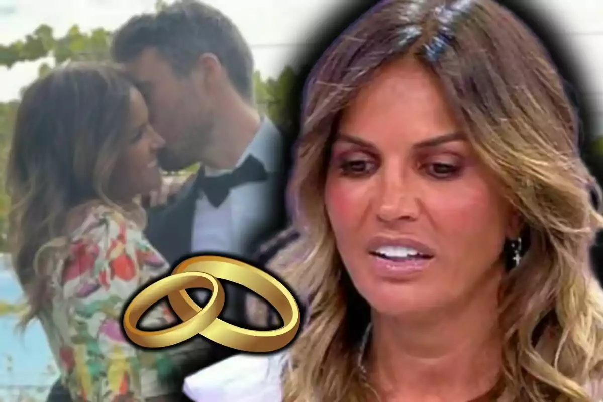 Marta López con expresión seria en primer plano y al fondo una pareja abrazada (que son ella y su pareja, Alejandro Huerta) junto a dos anillos dorados entrelazados.