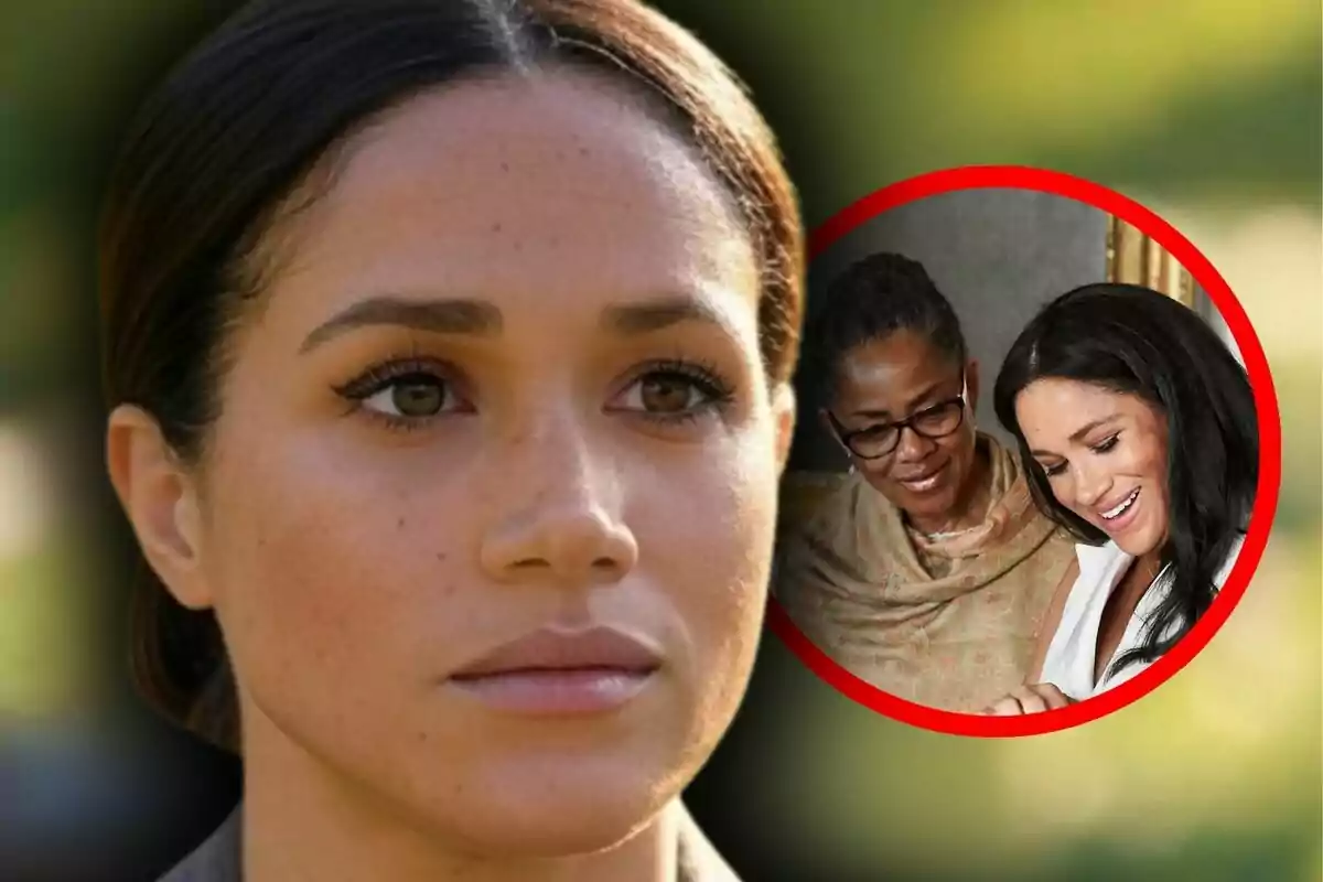 Montaje de fotos de primer plano de Meghan Markle con rostro serio y, al lado, una imagen de Doria Ragland (su madre) con ella.