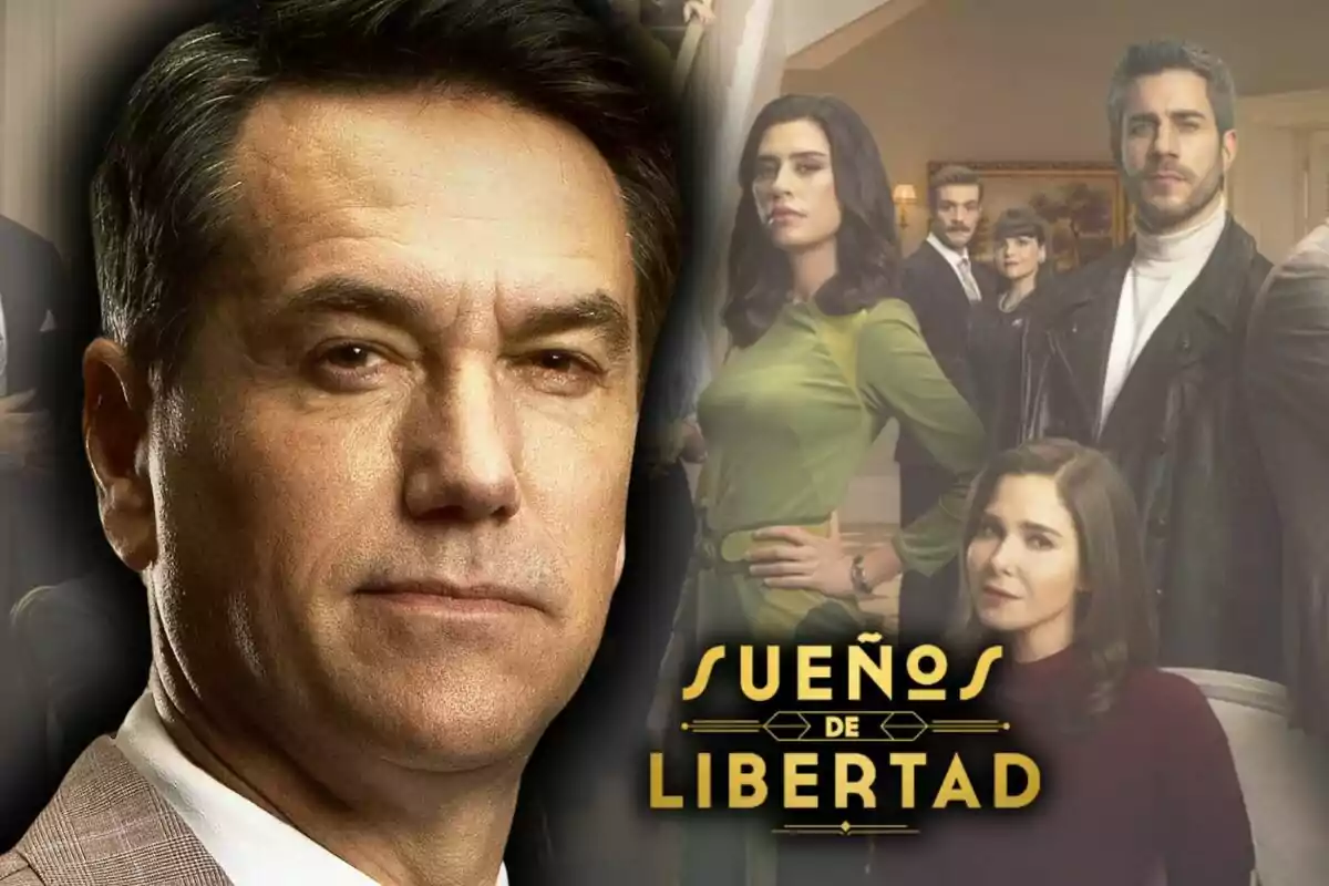 Primer plano de Oriol Tarrasón serio en traje con un grupo de personas al fondo y el título 'Sueños de Libertad' en letras doradas.