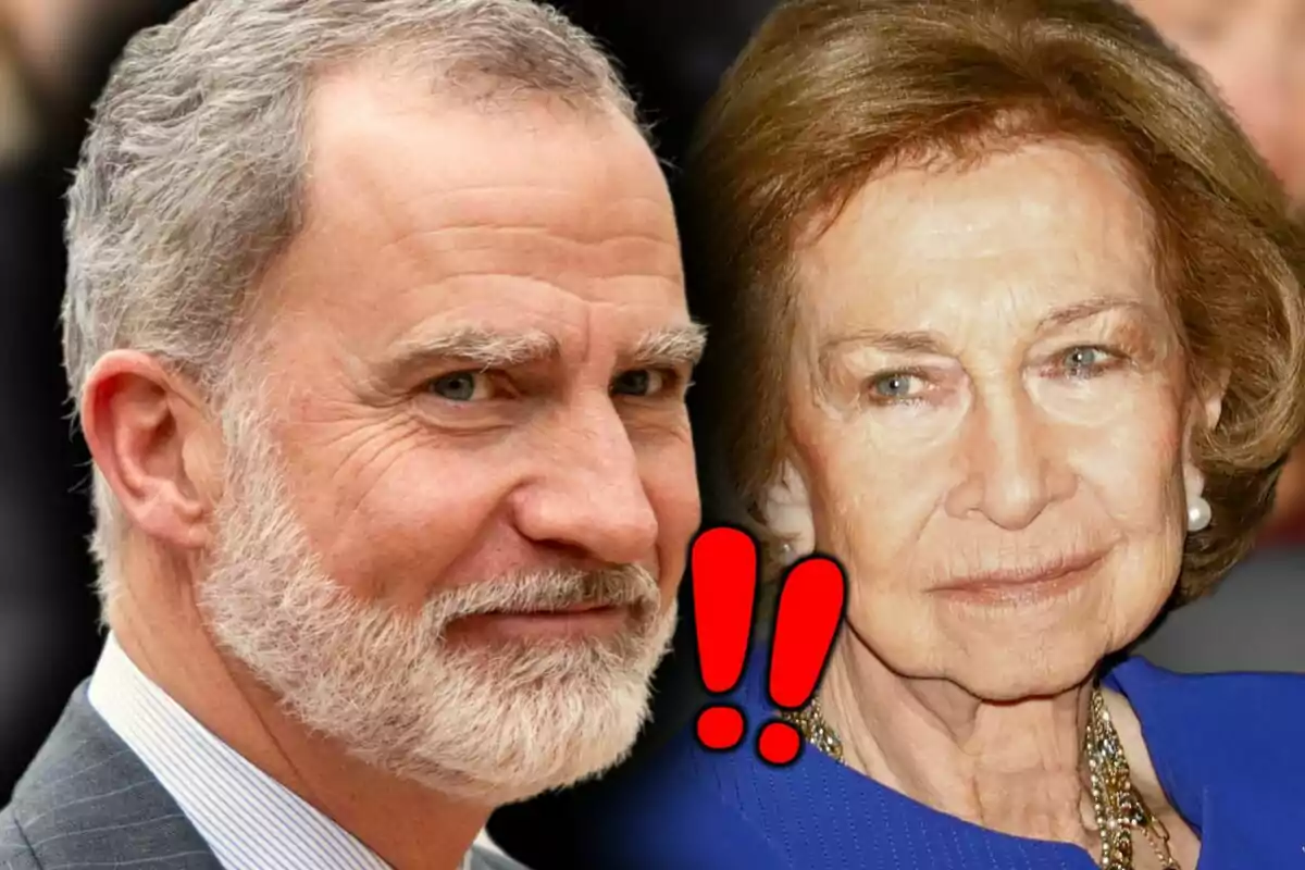 Montaje de fotos de primer plano del rey Felipe VI y su madre, la reina Sofía, con dos signos de exclamación rojos.