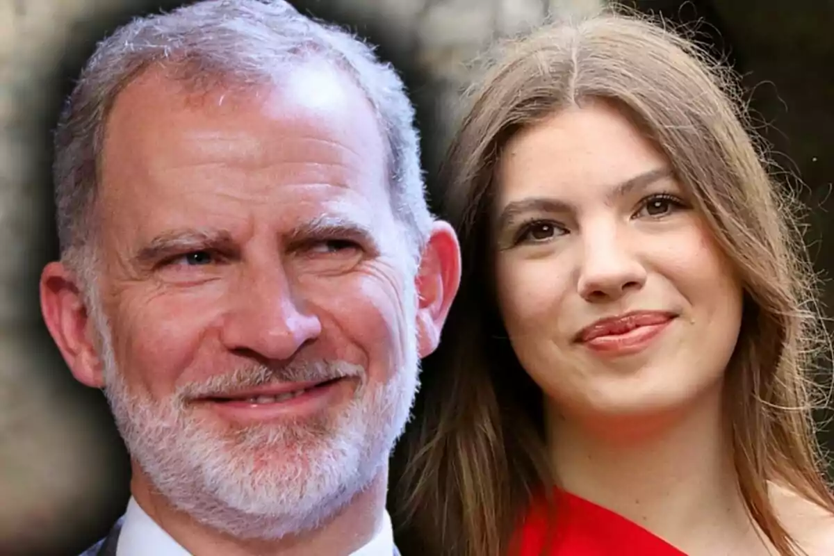 Close-up photo montage of Felipe VI and his younger daughter, Infanta Sofía, both with smiling faces.