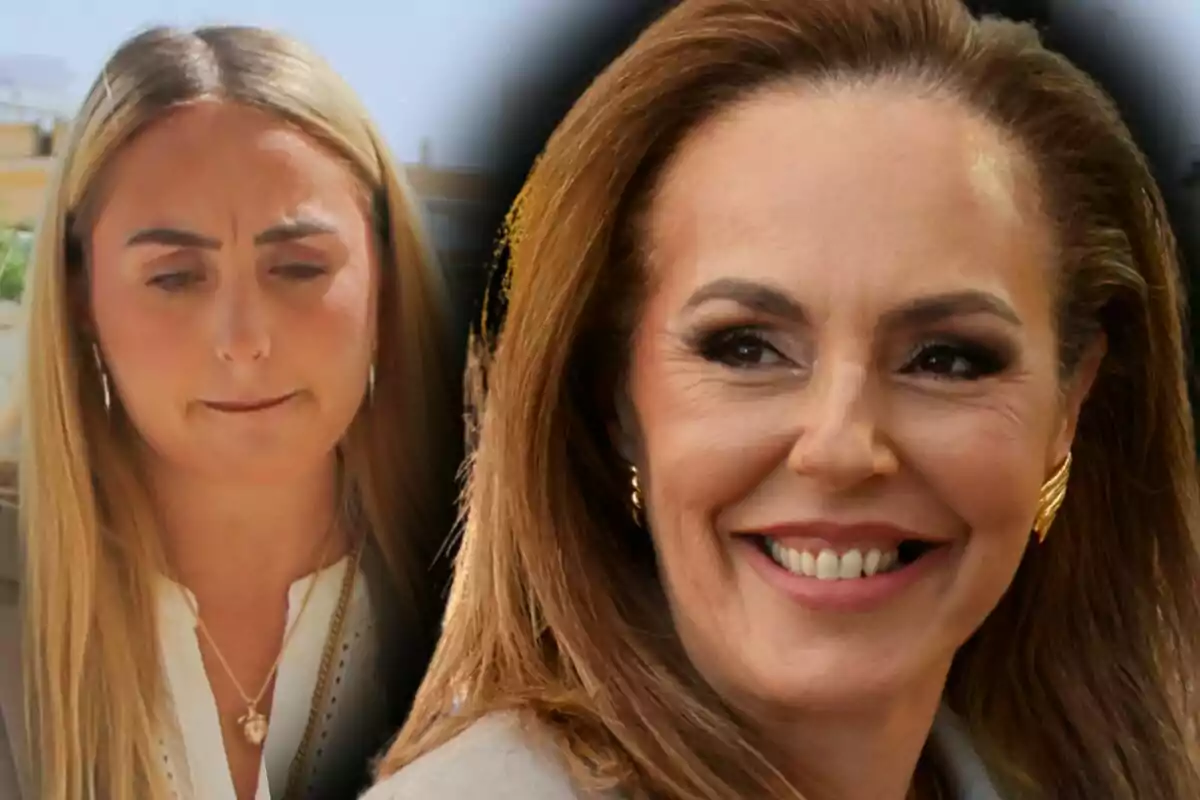 Montaje de fotos de primer plano de Rocío Flores seria y Rocío Carrasco muy sonriente.