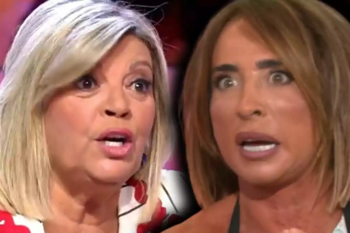Montaje de fotos de primer plano de Terelu Campos y María Patiño, ambas discutiendo con expresiones de sorpresa y enojo en un programa de televisión.