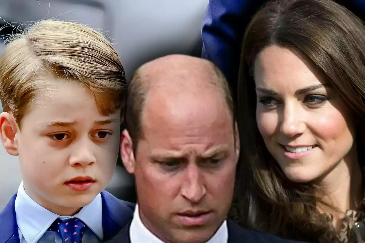Montaje de fotos de primer plano del príncipe George, Kate Middleton y el príncipe Guillermo, todos con rostro neutro menos ella.