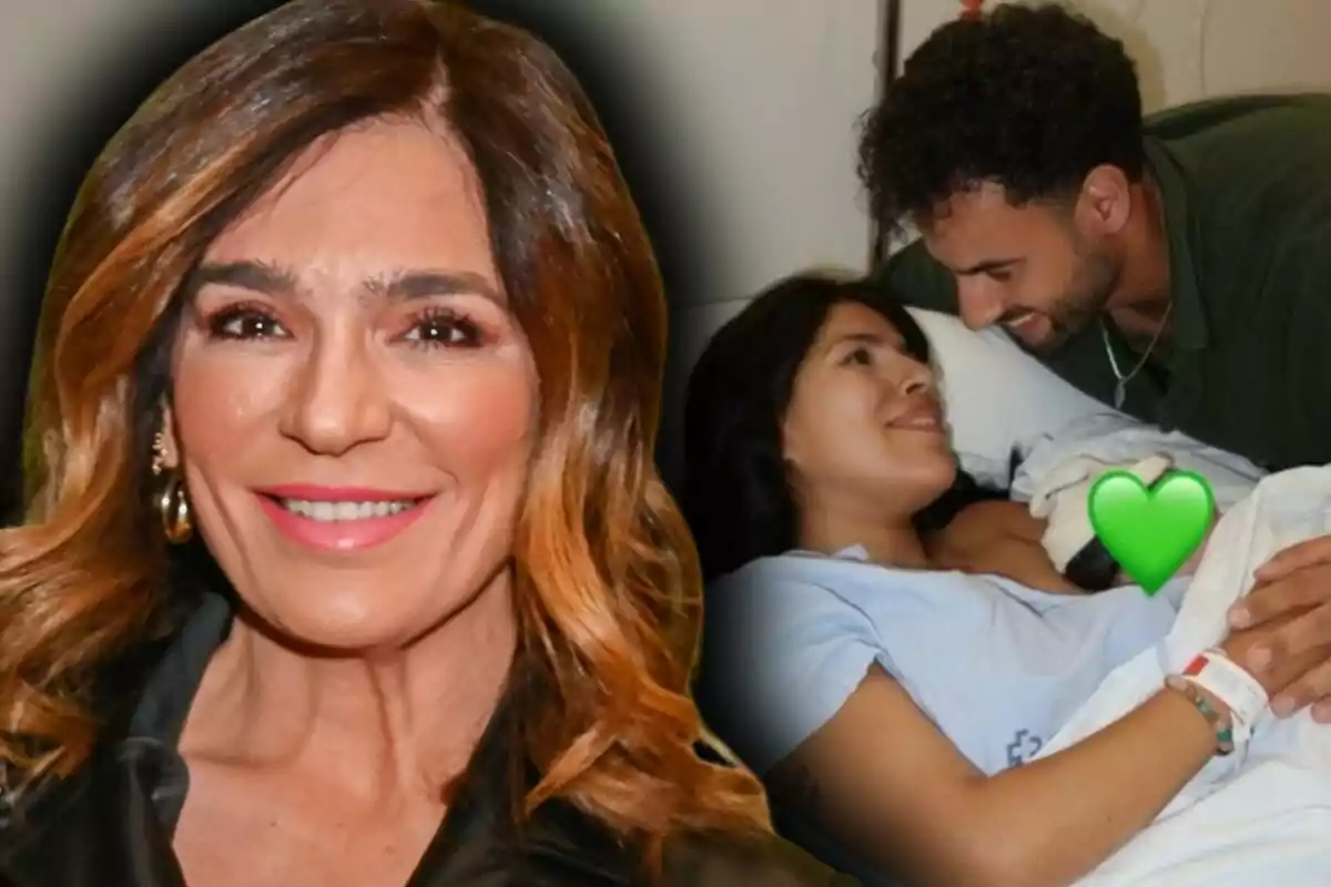 Raquel Bollo sonriente en primer plano y al fondo una pareja -formada por Asraf Beno e Isa Pantoja- con su bebé recién nacido, Cairo, en una cama de hospital con un corazón verde cubriendo al bebé.