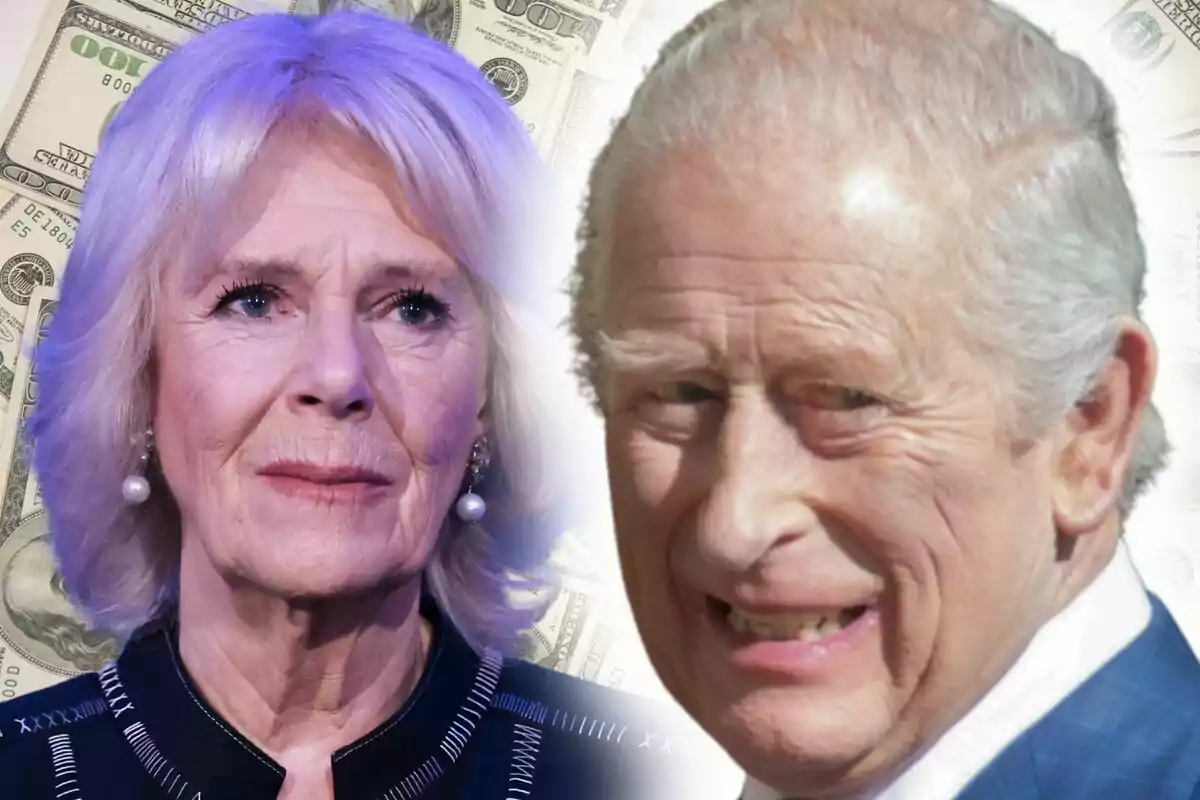 Montaje de fotos de rey Carlos III y reina Camila, ambos con billetes de dólares de fondo.