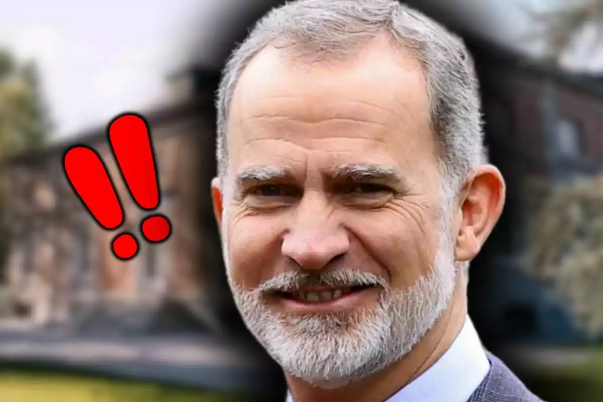 Close-up photo montage of a smiling Felipe VI with an image of the Zarzuela Palace in the background.