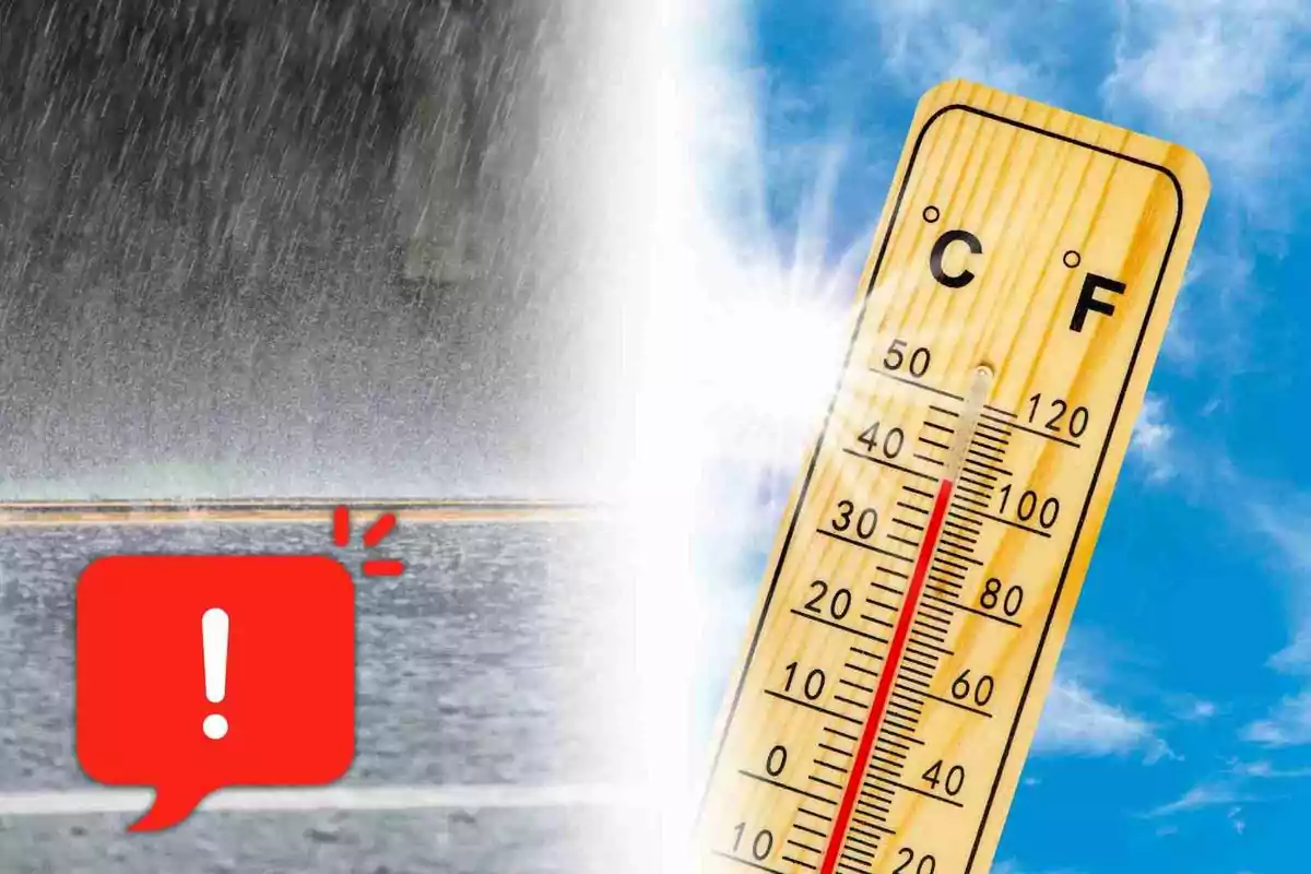 Mitad de la imagen muestra lluvia intensa y la otra mitad un termómetro marcando alta temperatura bajo el sol con un icono de advertencia en la parte inferior izquierda. Mitad de la imagen muestra lluvia intensa y la otra mitad un termómetro marcando alta temperatura bajo el sol con un icono de advertencia en la parte inferior izquierda.