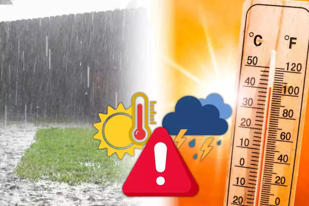Imagen dividida en dos mitades que muestra lluvia intensa a la izquierda y calor extremo con un termómetro a la derecha, acompañada de iconos de advertencia meteorológica