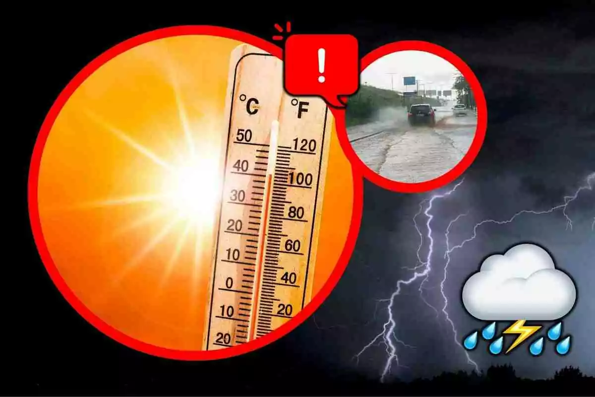 Termómetro marcando altas temperaturas con fondo de sol intenso, un recuadro muestra una calle inundada y al fondo se observan relámpagos y un icono de tormenta.